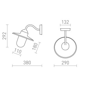 Technische Zeichnung der Rendl Außenleuchte Beacon. Seiten- und Draufsicht der schwarzen Retro Wandlampe mit Maßen.