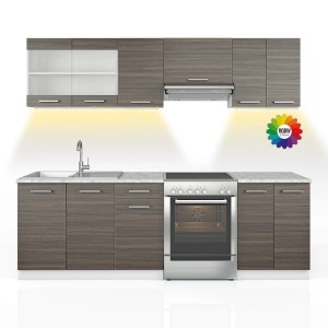 Vicco Küchenzeile Raul in Edelgrau mit Marmor Arbeitsplatte und LED-Beleuchtung, 240 cm breit.