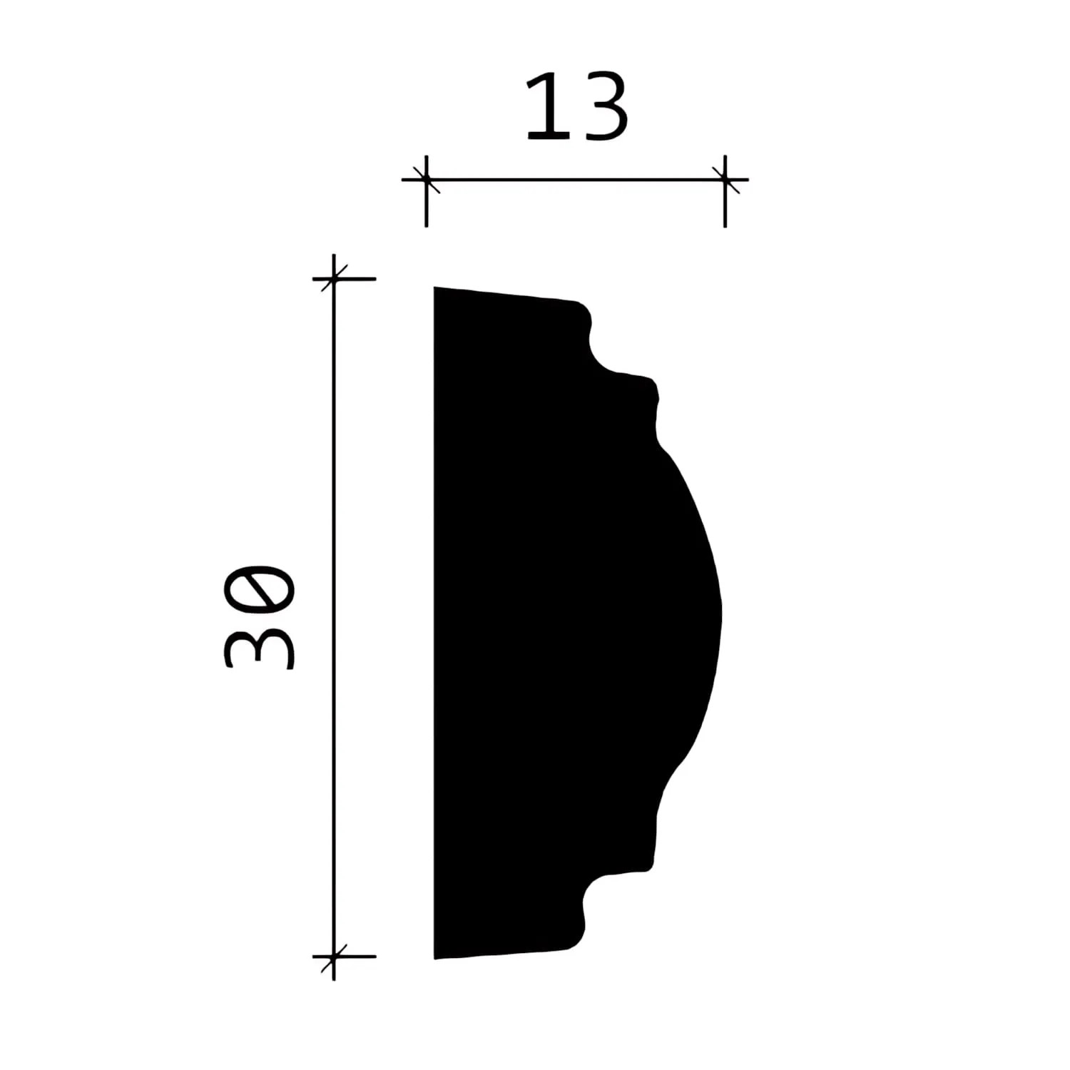 Profilansicht der weißen PROFHOME Wand- und Friesleiste (30x13mm) im 25er Set (50m).