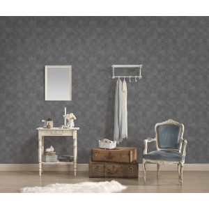 Wohnraum mit dunkelgrauer Bricoflor Vliestapete mit Karomuster.