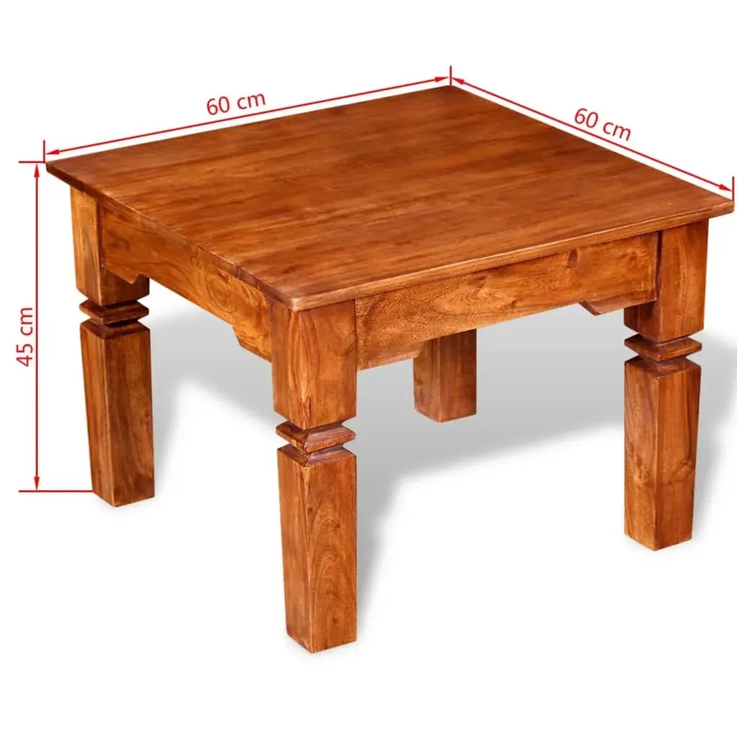 Quadratischer Couchtisch aus Akazienholz, 60x60x45 cm, honigfarben lasiert. Ideal als Wohnzimmertisch.