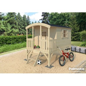 Palmako Spielhaus Huck 2,4 m² aus Holz mit Stelzen, Terrasse, Fenster und Tür.