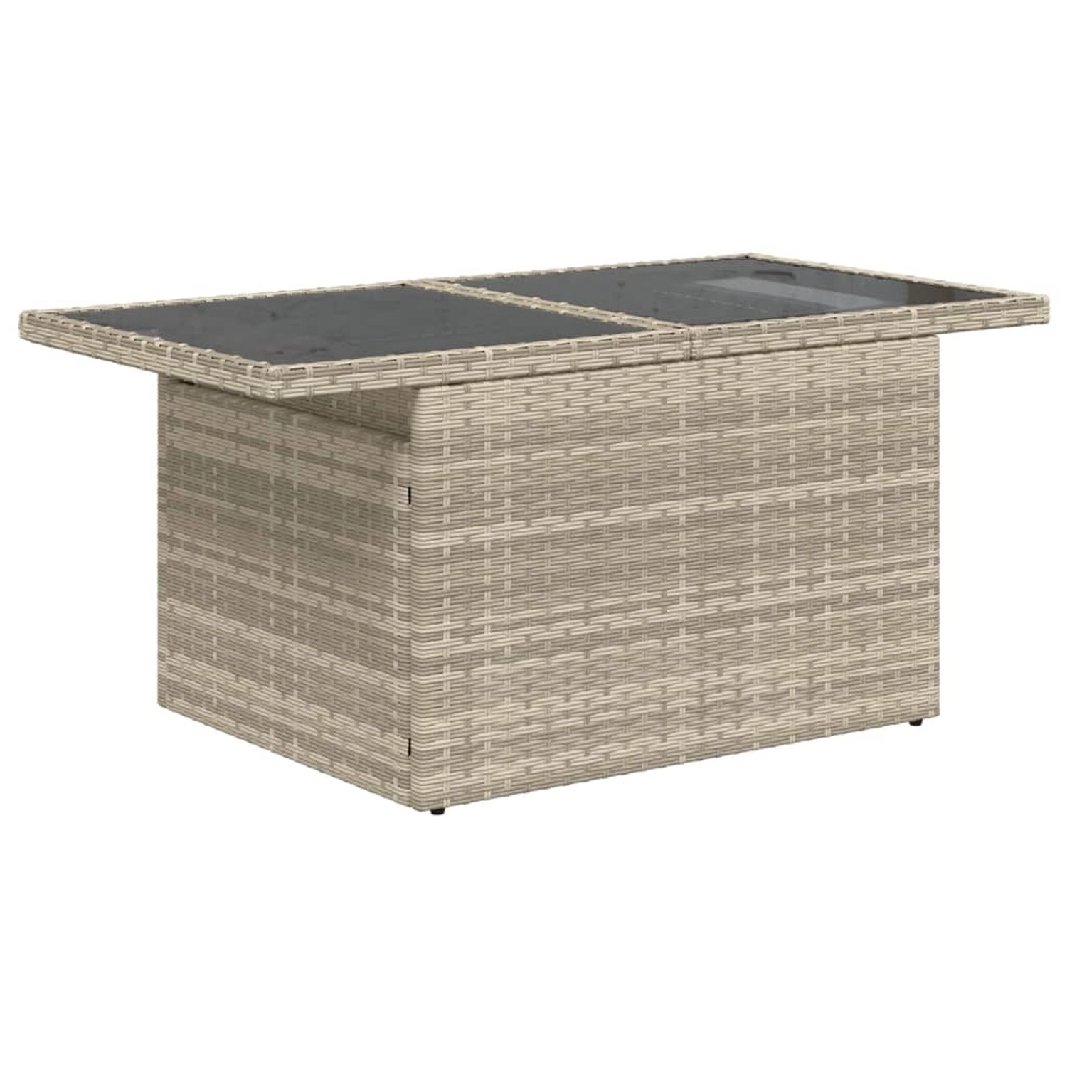 Hellgrauer vidaXL Gartentisch aus Rattan mit Glasplatte, Teil der 7-tlg. Sofagarnitur.