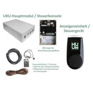 Karibu Sauna WiFi-Steuerung Set: Hauptmodul, schwarzes Steuergerät, Temperaturfühler, Türsensor und Kabel.