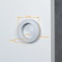 Runde silberne Aluminium-Griffmuschel für weiße Holzschiebetür. Zeigt 60mm Durchmesser und wichtige Einbaumaße.