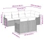 Schwarzes 7-teiliges Garten-Sofa-Set aus Polyrattan mit Kissen und Maßangaben.