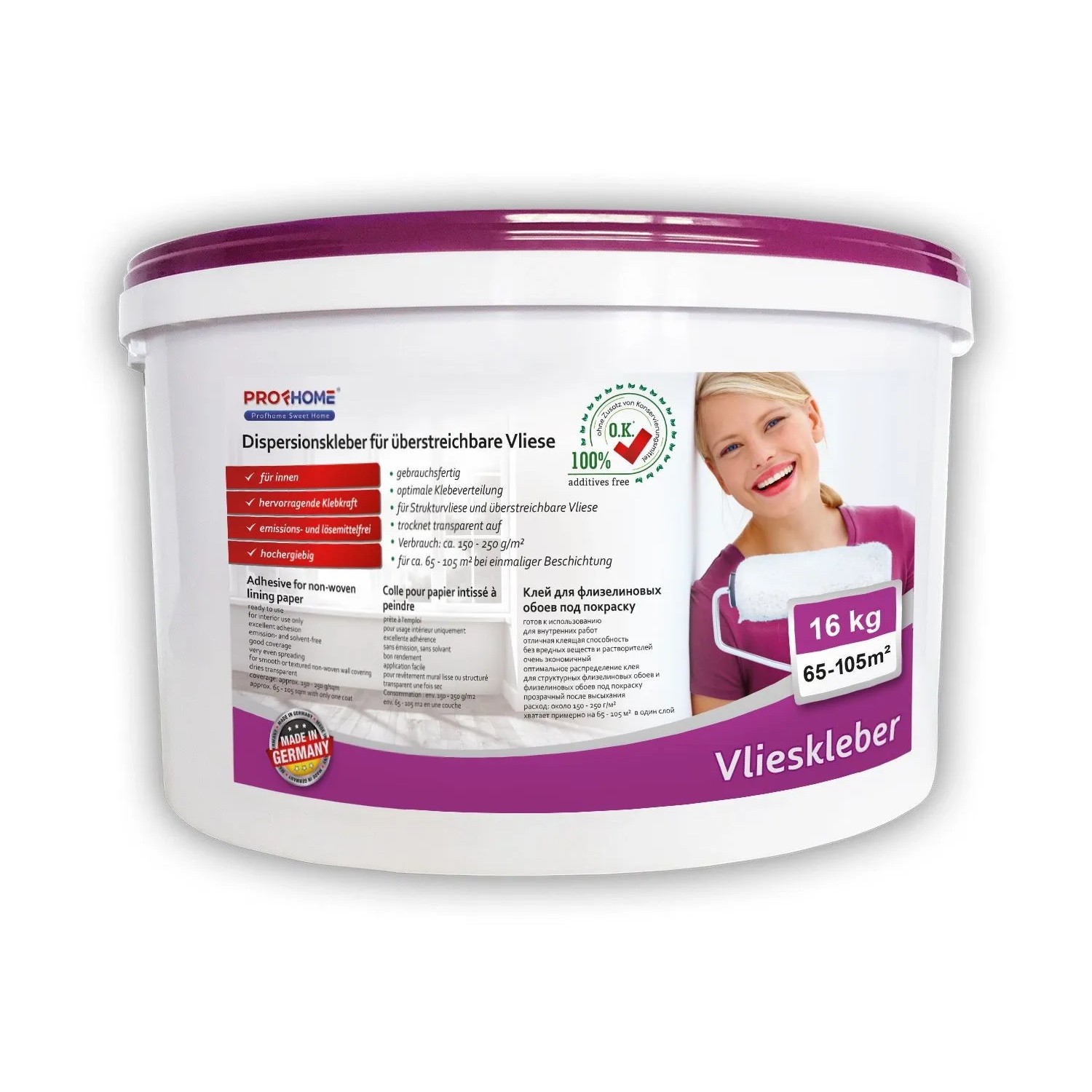 PROFHOME Vlieskleber Kleber für Malervlies Renoviervlies max. 3360 qm 1 Palette mit 32 Eimern 512 kg Weiß_3