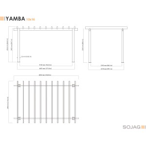 Skizze der anthrazitfarbenen Sojag Aluminium Pergola Yamba 295x495 cm mit Maßangaben.