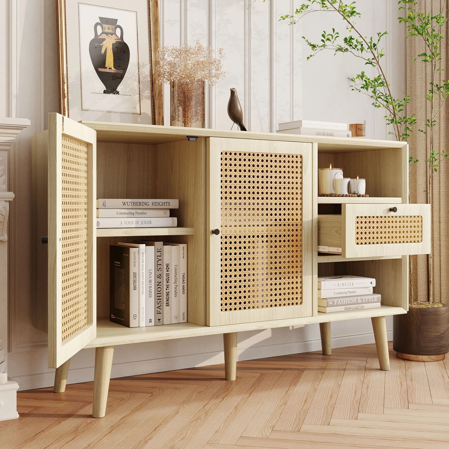 Merax Sideboard 120x40x80 cm Eiche Rattan 1 Schublade 2 Türen Verstellbare Ablagen_4