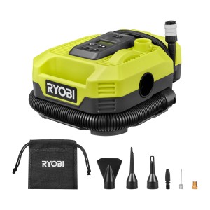 Ryobi Akku-Multi-Kompressor One+ RMI18-0 mit Zubehör und Aufbewahrungsbeutel.