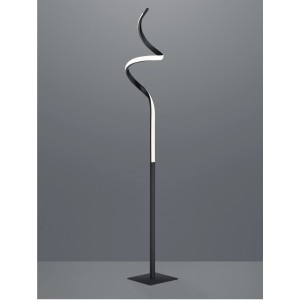 Moderne, schwarze LED-Stehlampe Course mit gewundenem Design und warmweißem Licht.