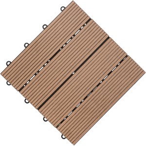 Braune Florco WPC Klickfliese (30x30 cm) aus Kunststoff/Holz-Gemisch. Ideal für Terrasse und Balkon.