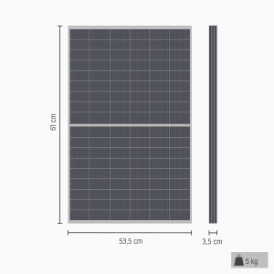 Jackery Solarpanel Solar Saga 100 mit Maßangaben: 61x53,5x3,5 cm, Gewicht 5 kg.