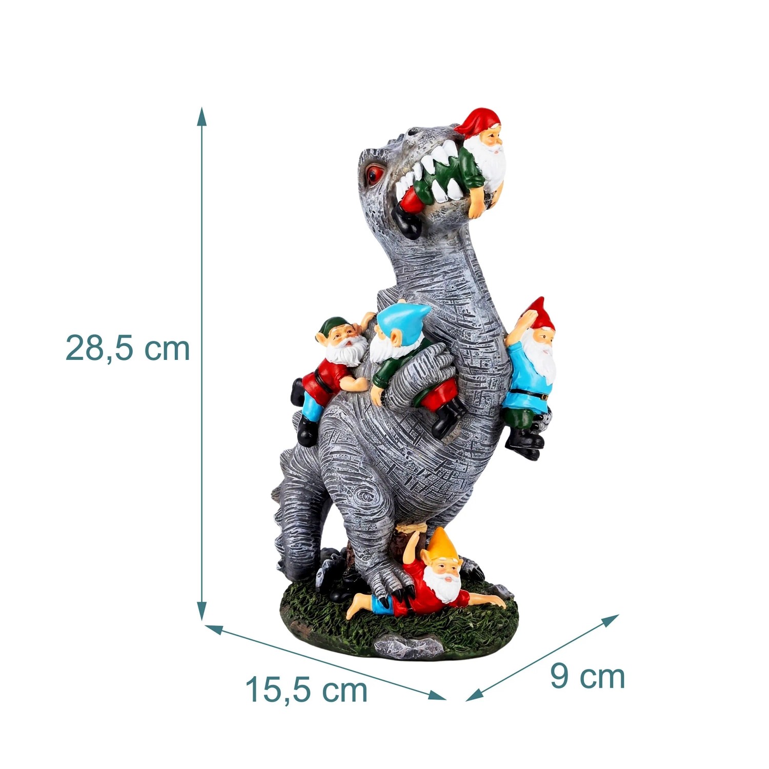 Bunte T-Rex Gartenfigur aus Polyresin mit Gartenzwergen, 28,5 cm hoch. Dekorative Figur für Garten & Balkon.