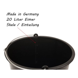 Schwarzer 20 Liter Baueimer mit Literskala und stabilem Metallhenkel. Perfekt für Zement, Mörtel und Bauarbeiten.