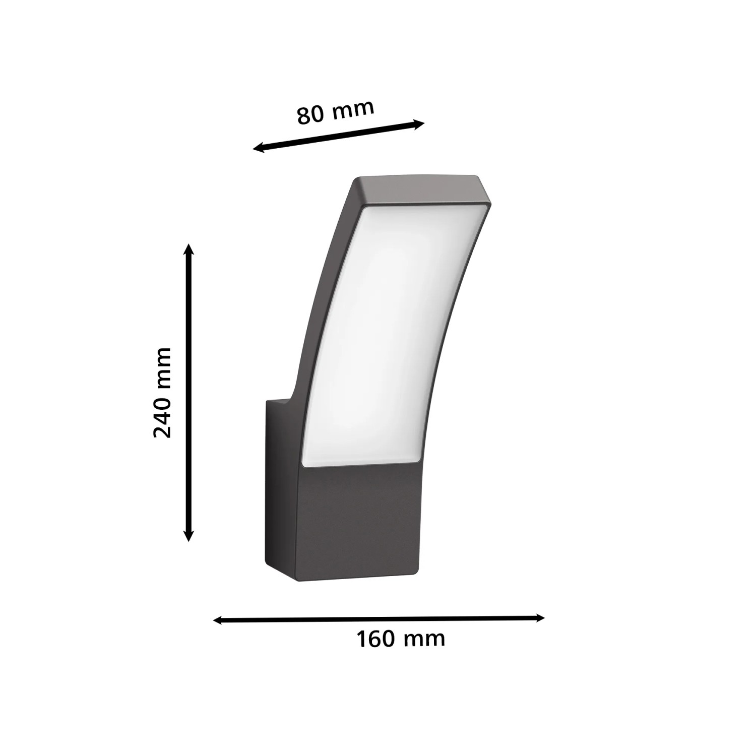 Anthrazitfarbene Philips Splay LED Aussenwandleuchte mit Massangaben.