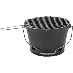 Schwarzer Eimergrill, tragbarer Holzkohlegrill mit Grillrost und Tragegriff.