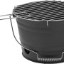 Schwarzer Eimergrill, tragbarer Holzkohlegrill mit Grillrost und Tragegriff.