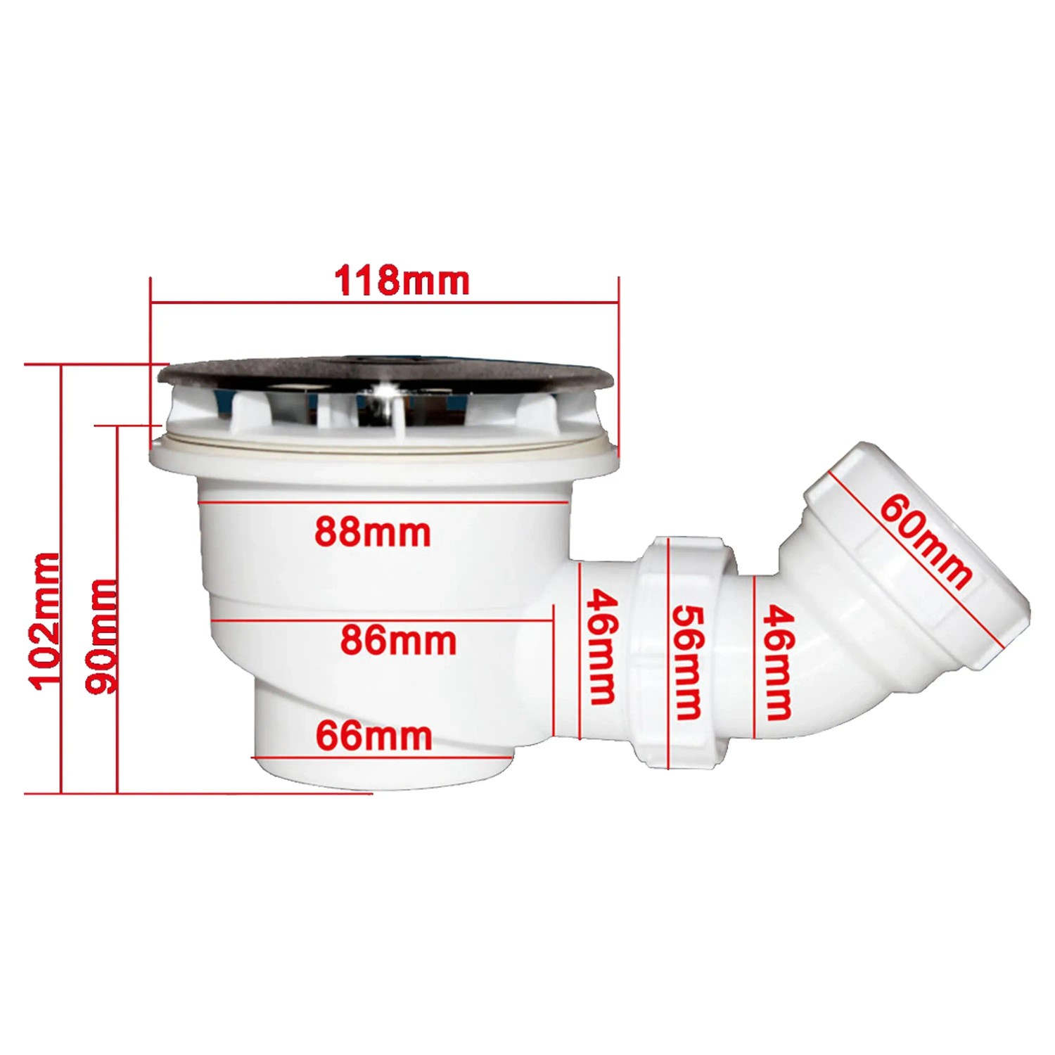 Ablaufgarnitur für AICA Duschtasse 90x90 cm, Detailansicht mit Maßangaben.