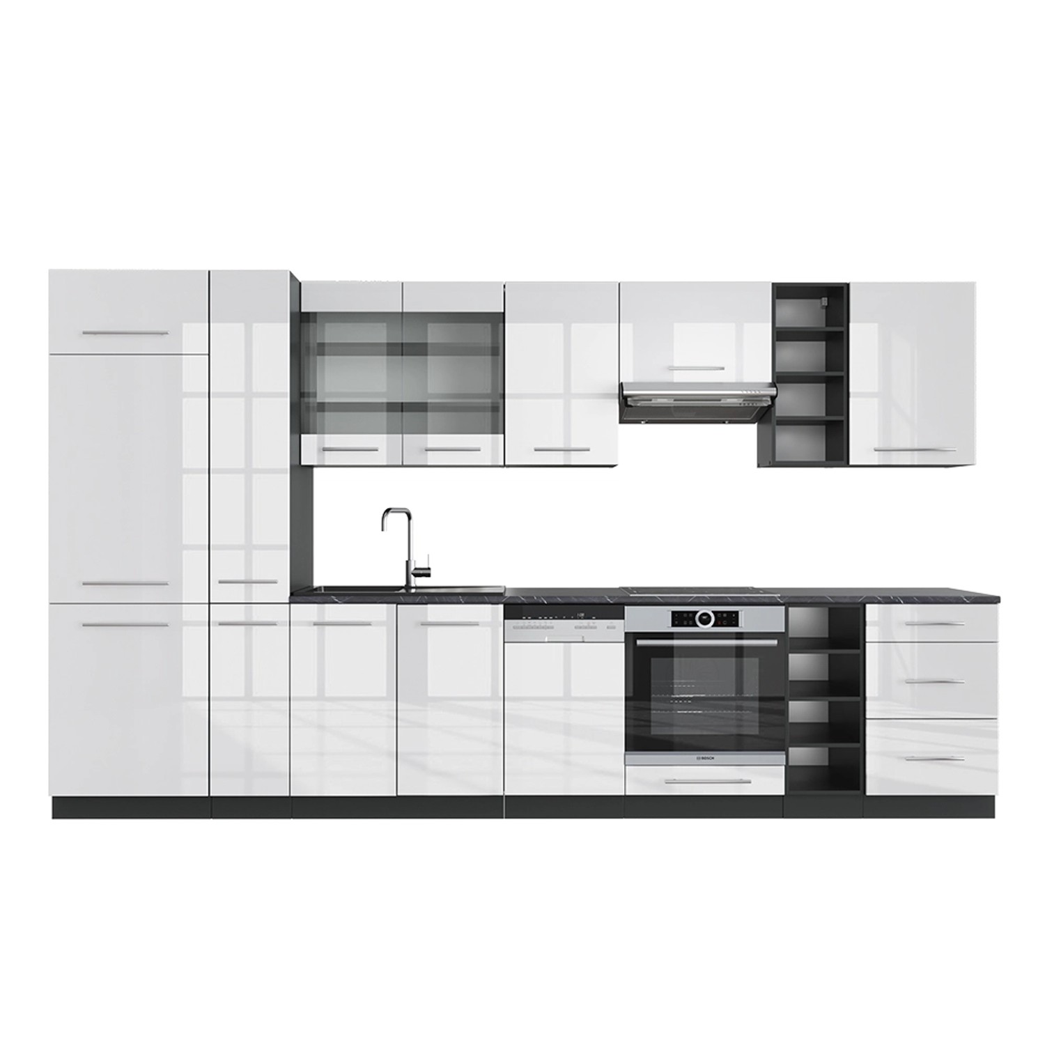 Vicco Fame-Line Küchenzeile Weiß Hochglanz/Anthrazit 355 cm AP Anthrazit günstig online kaufen