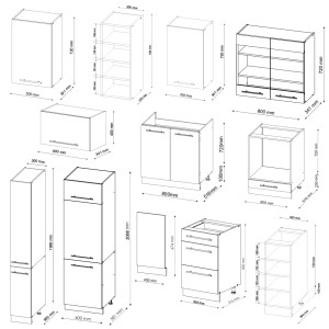 Skizze: Vicco Fame-Line Küchenzeile 355 cm, verschiedene Module mit Maßangaben.