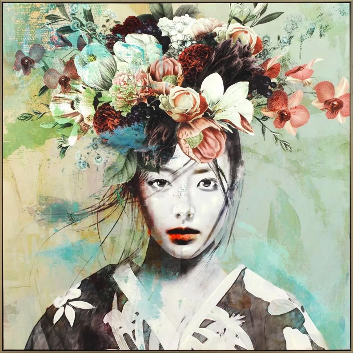 Art Universe Leinwandbild Schönheit mit Exotischem Blumenschmuck 100 x 100 cm