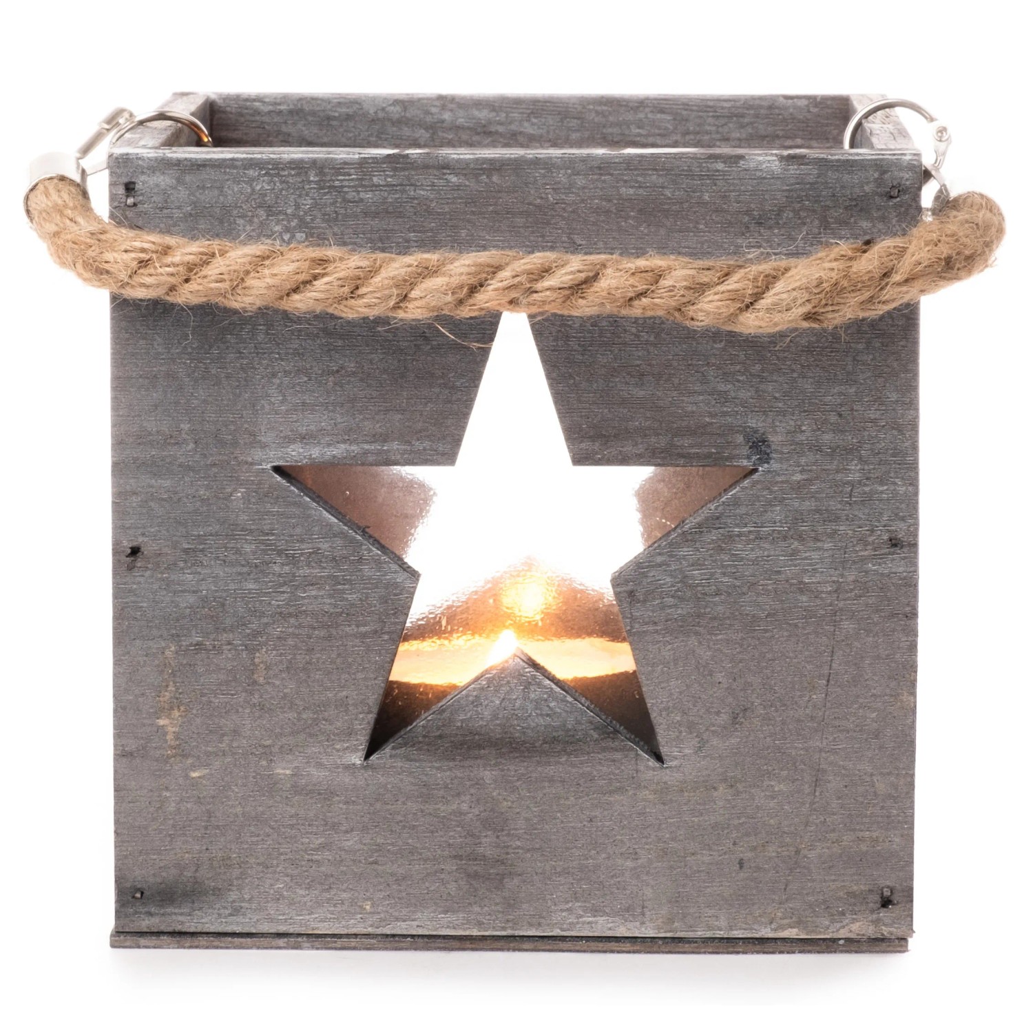 Deko-Holzbox Stern mit Glaswindlicht 14 cm Grau