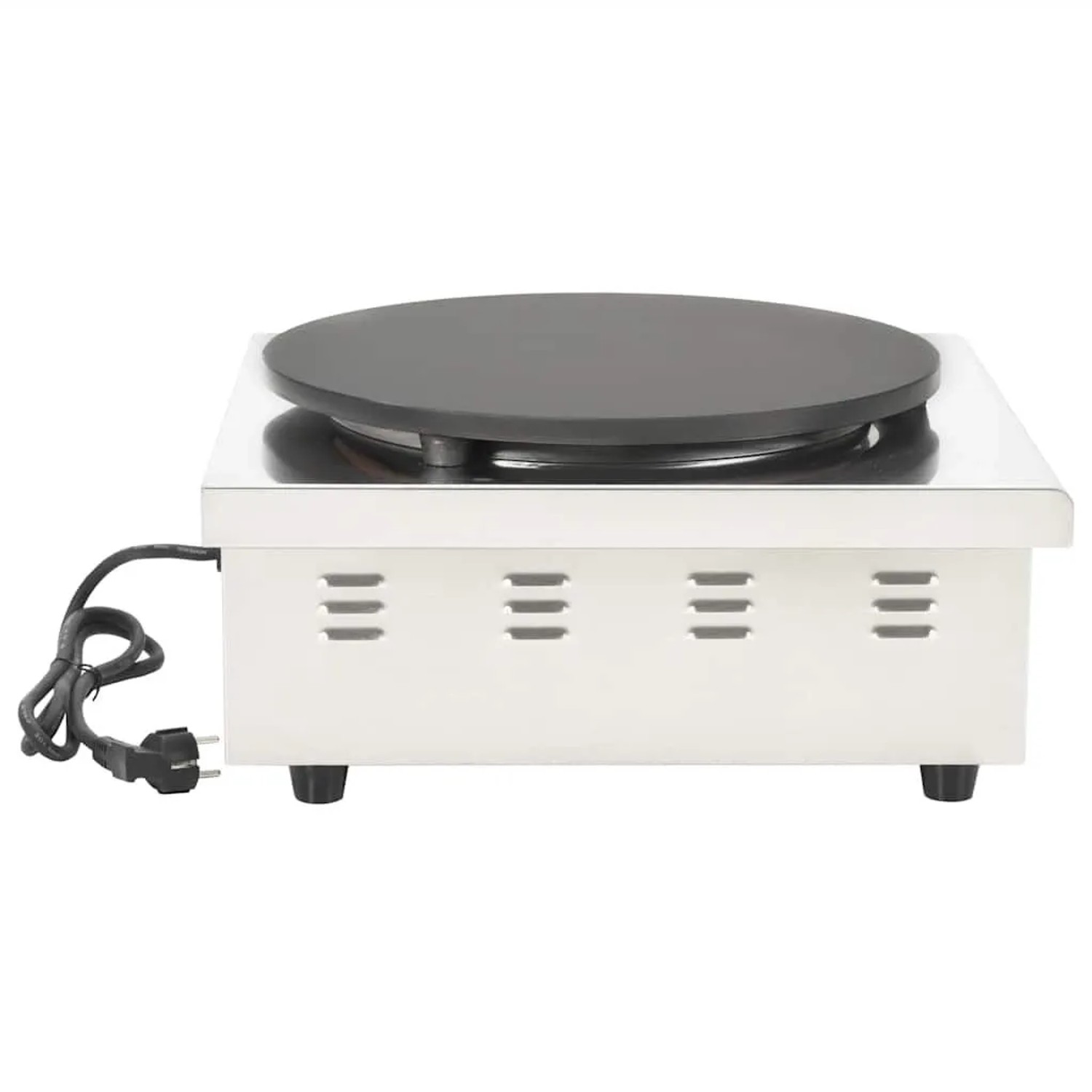 Elektrischer Crepe-Maker aus Edelstahl mit schwarzer Gusseisenplatte, 40 cm Durchmesser, für die Küche.