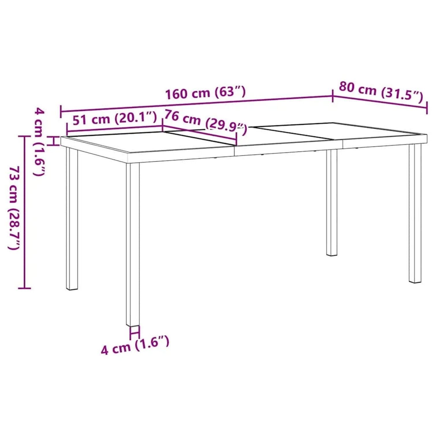 Skizze der vidaXL Garten Essgruppe, 160x80x73cm, zur Veranschaulichung der Abmessungen.