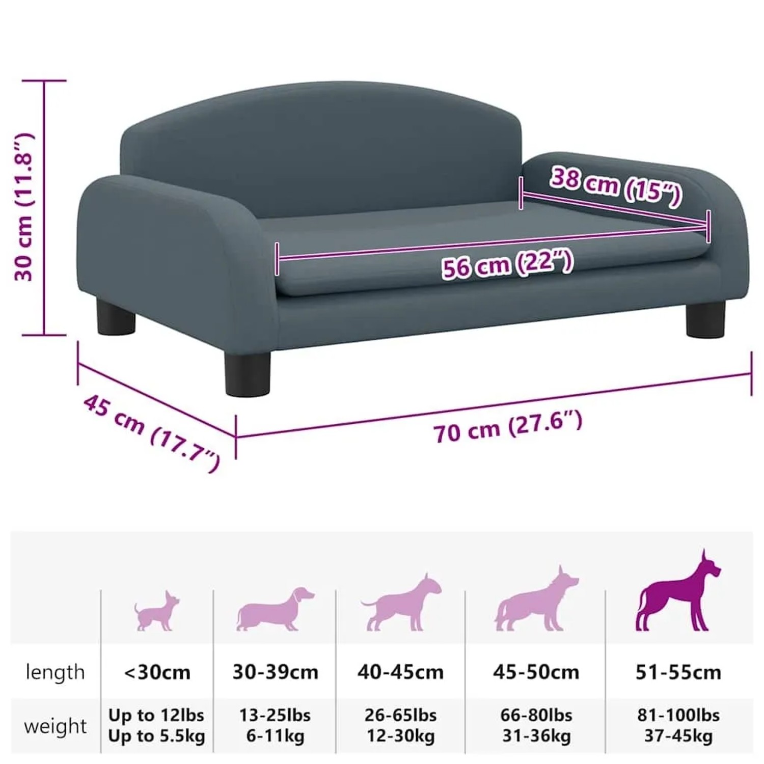 Dunkelgraues Hundebett aus Stoff, 70x45x30 cm, mit Maßen der Liegefläche 56x38 cm. Hundekörbchen.