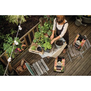 Frau pflanzt in Kübel mit Lechuza Terrapon Pflanzsubstrat auf Holzterrasse.