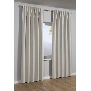 Sehlbach Fertigschal Multiband Blackout Elegance, naturfarben, vor Fenster mit Gardinenstange.