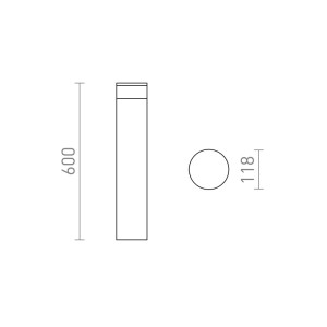 Technische Zeichnung der Rendl LED Außenleuchte Brenda 60. Maße: Höhe 60 cm, Durchmesser 118 mm.