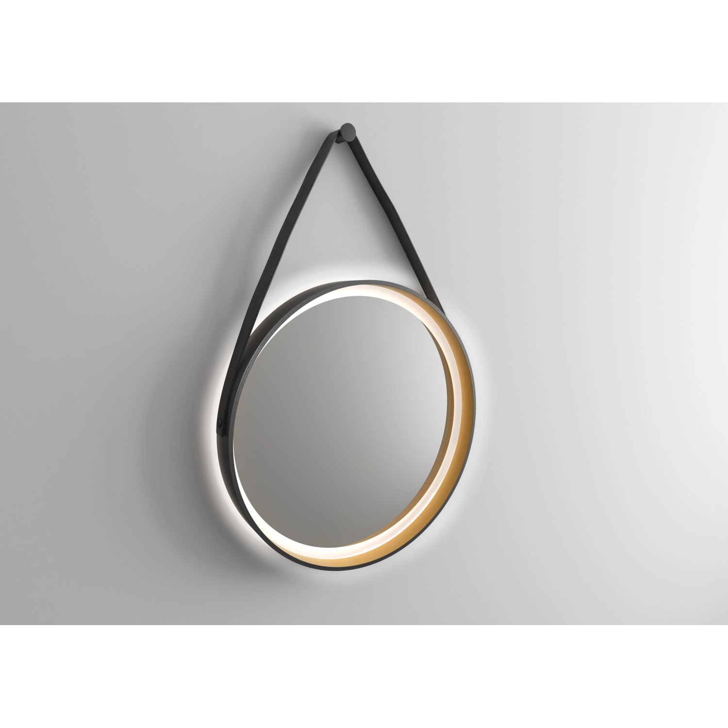 Runder DSK Design LED-Lichtspiegel Black Verano, Ø 55 cm, mit Lederbandaufhängung.