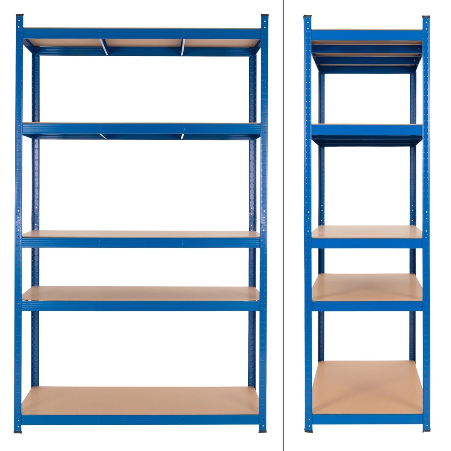 Blaues ECD Germany Werkstattregal aus Metall mit 5 MDF-Böden, 200x100x60 cm.