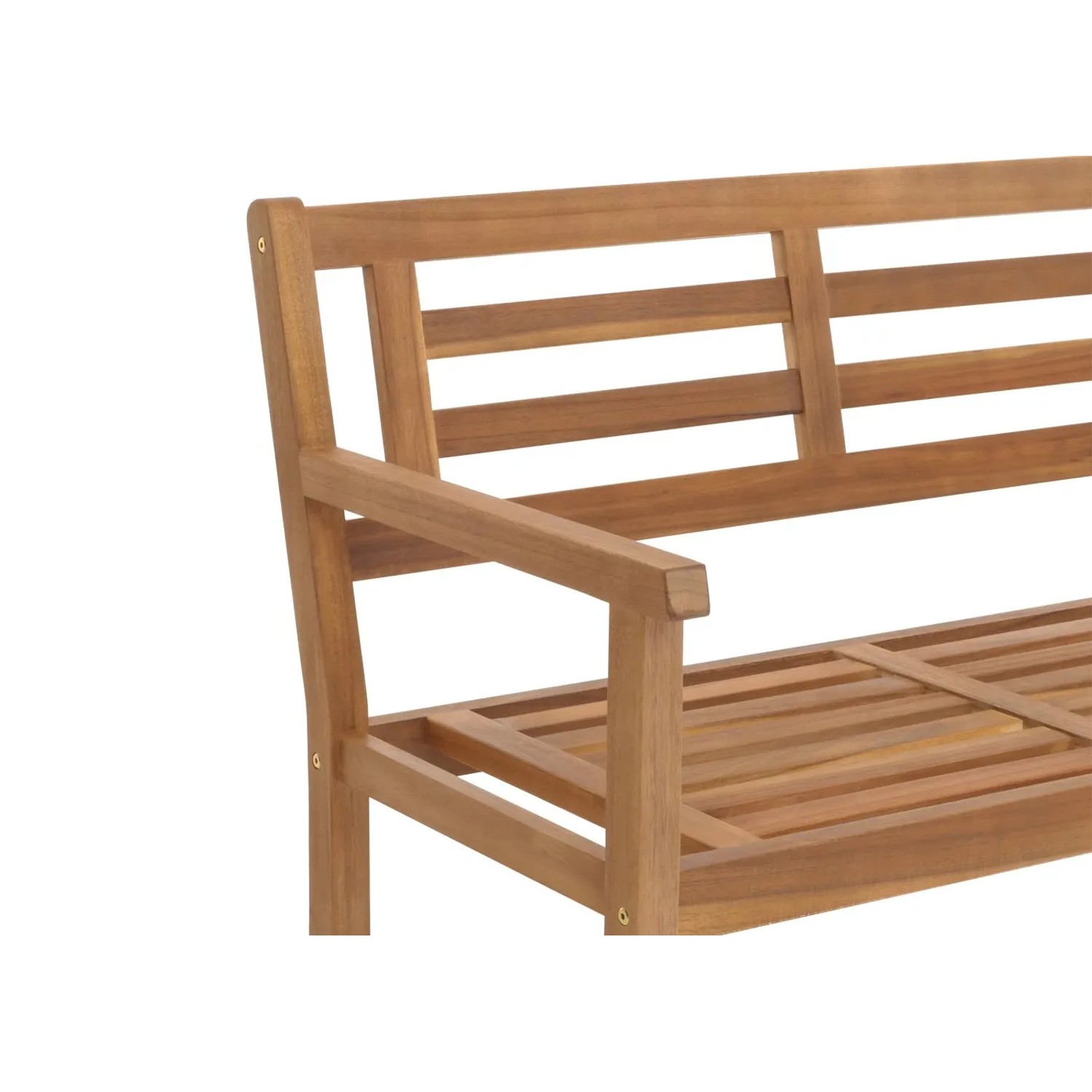 Detailansicht der MCW Gartenbank N47 aus Akazienholz ohne Kissen.