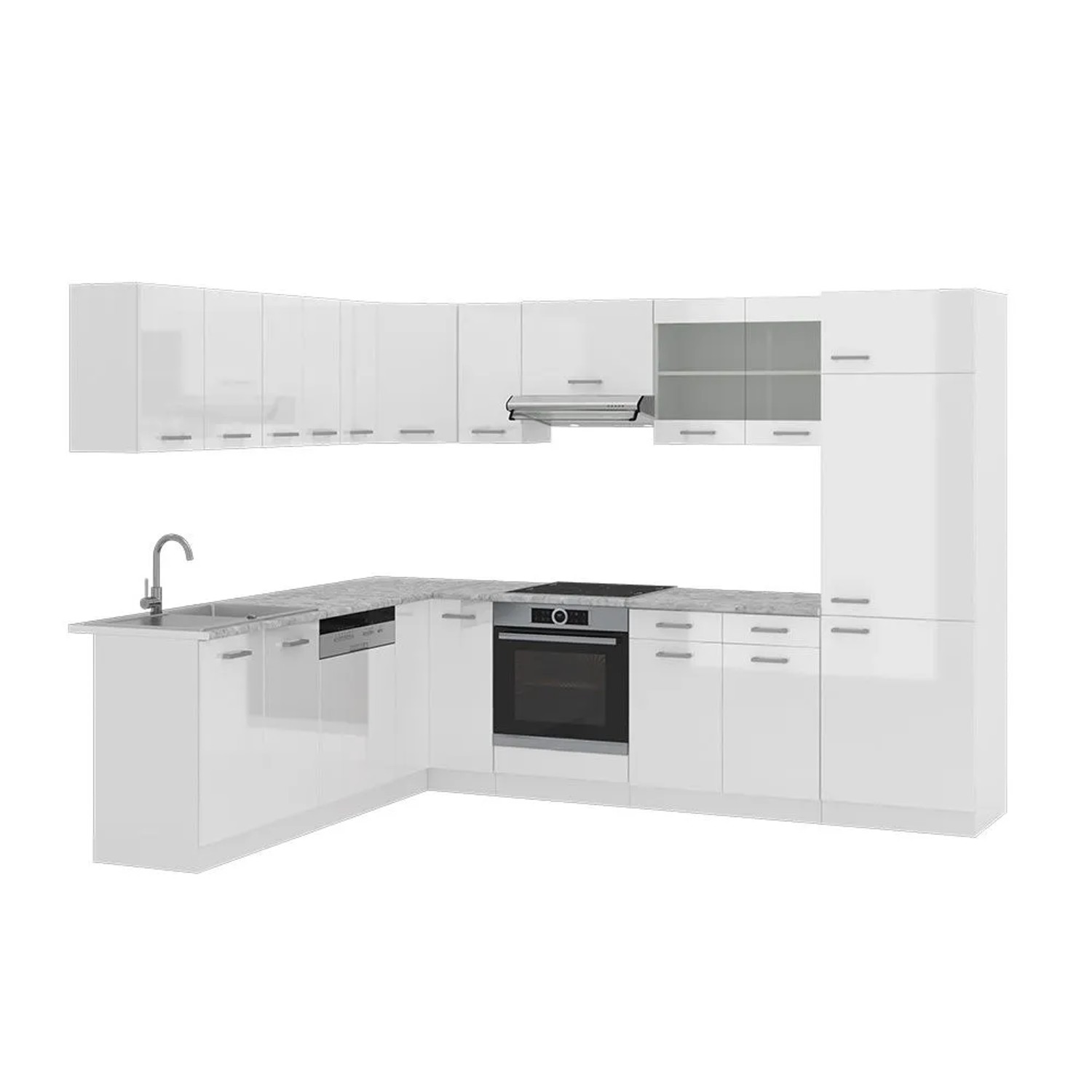 Vicco Eckküche R-Line Weiß Hochglanz/Weiß 287 x 82, AP Marmor