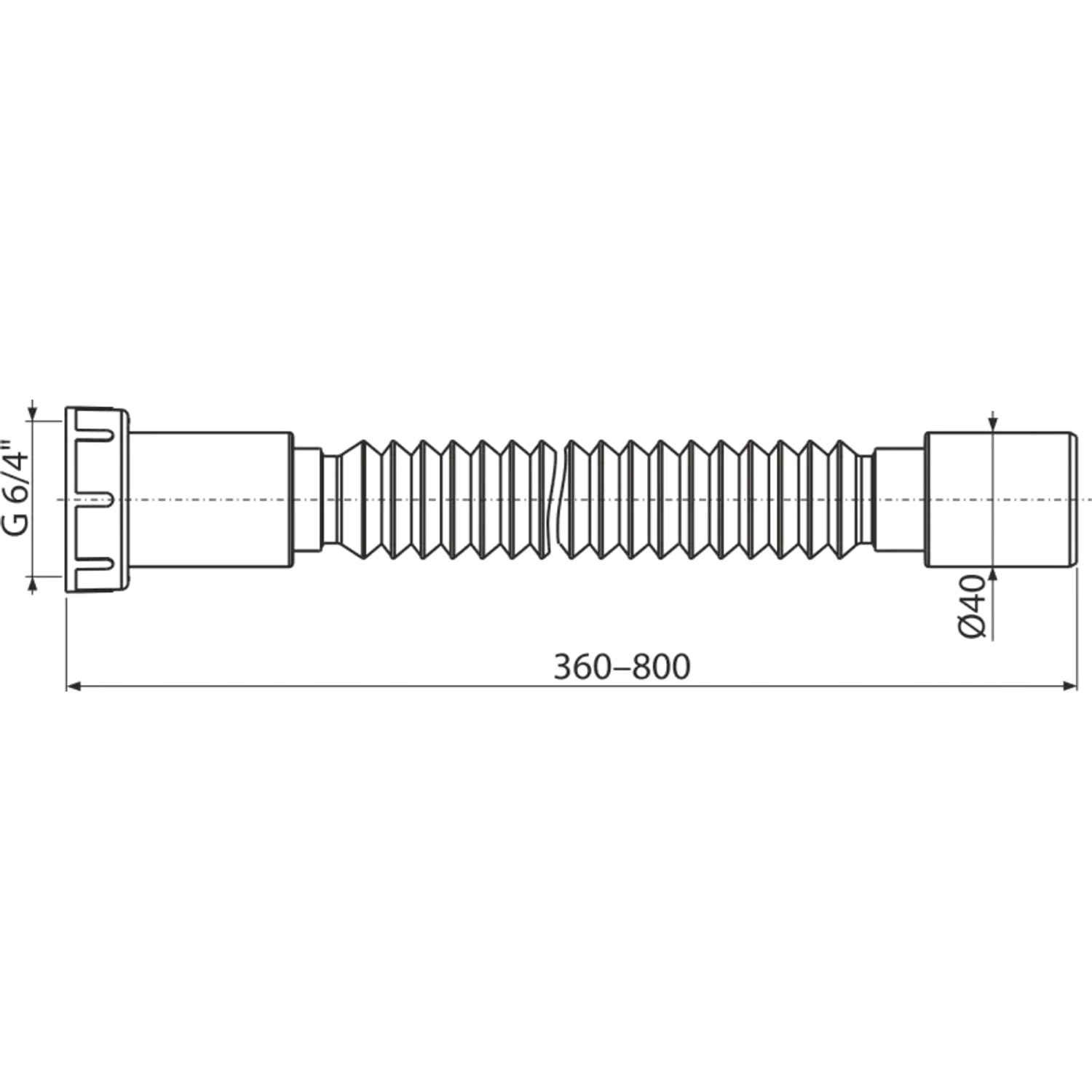 Technische Zeichnung: Alcadrain Flexschlauch A791 mit Kunststoffmutter, 6/4 x 40 mm, Länge 360-800 mm.