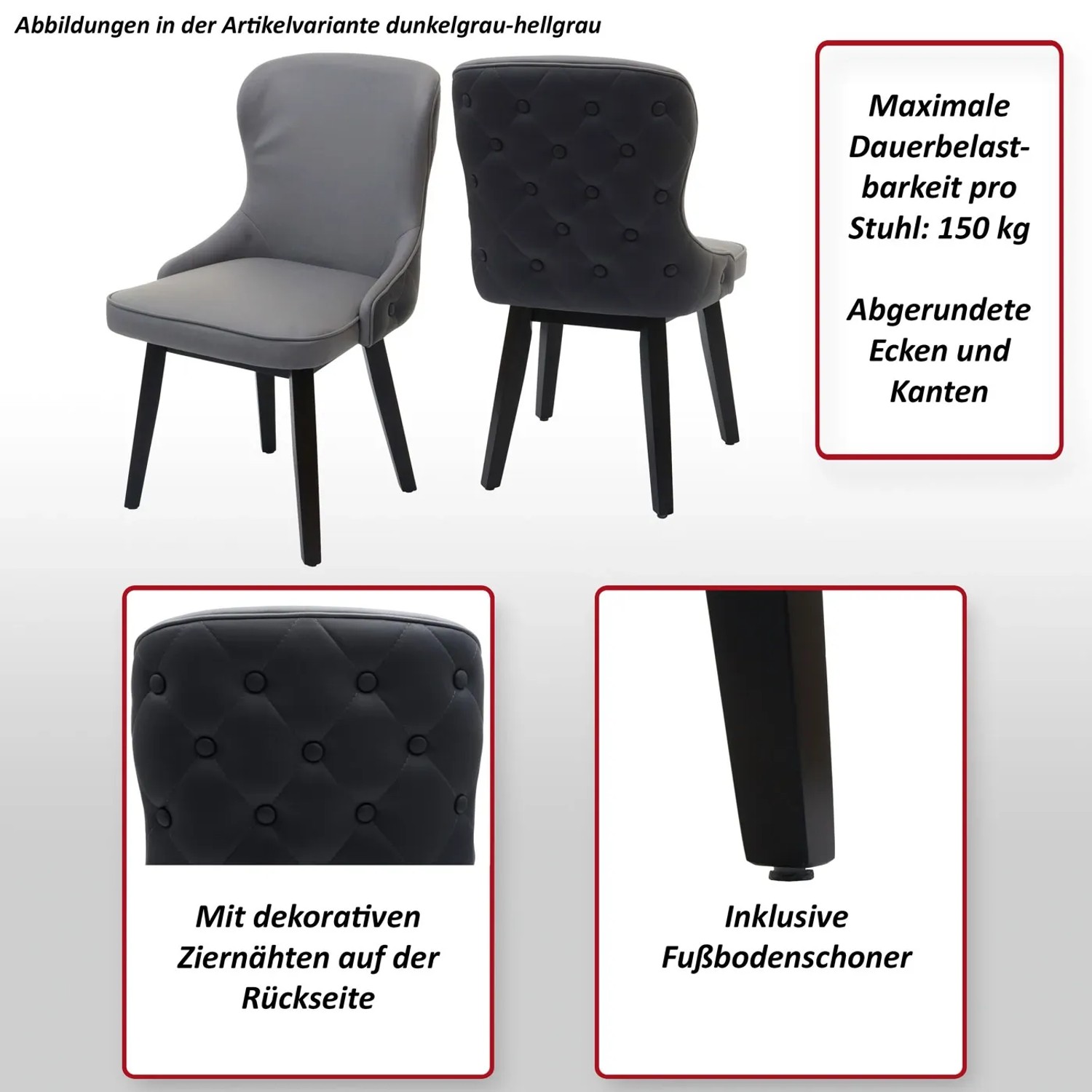 6er-Set Polsterstühle: Esszimmerstühle M60 in Dunkelgrau und Hellgrau mit Ziernähten und Holzgestell.