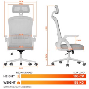 Ergonomischer Bürostuhl in Hellgrau mit Netzlehne, verstellbarer Kopfstütze, hochklappbaren Armlehnen. Maße & Belastung.