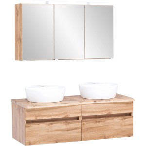 Held Möbel Doppelwaschtisch-Set Trient, 120 cm, Wotaneiche mit Aufsatzbecken und Spiegelschrank