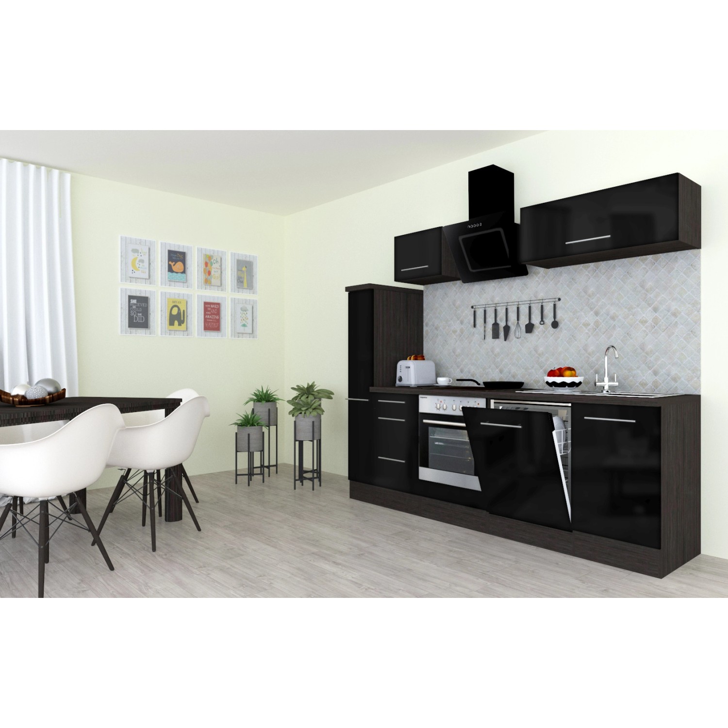 Respekta Premium Küchenzeile 250 cm in Schwarz Hochglanz und Eiche Grau mit E-Geräten.