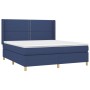 Blaues Boxspringbett 180x200 cm mit Matratze und Kopfteil, Stoffbezug.