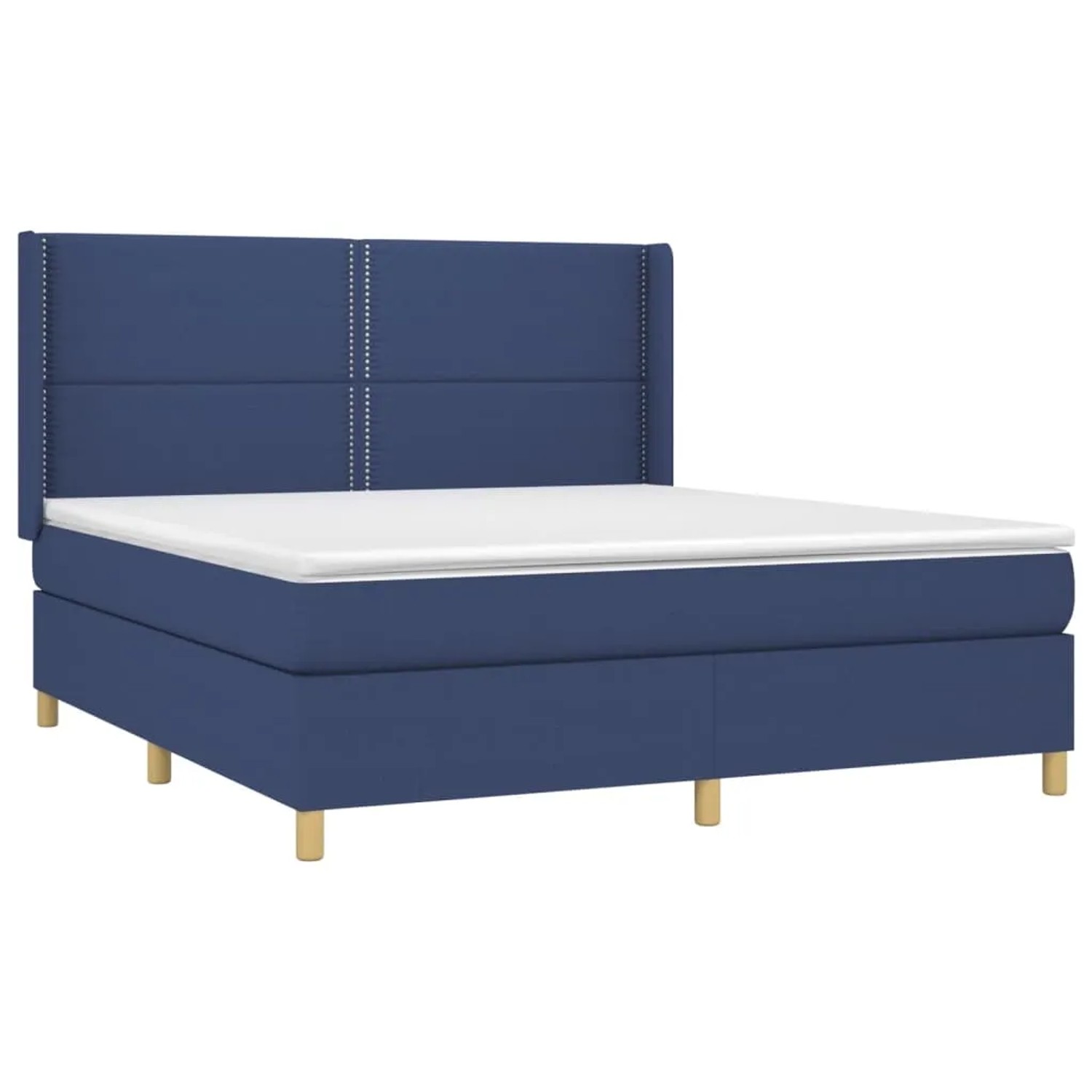 Blaues Boxspringbett 180x200 cm mit Matratze und Kopfteil, Stoffbezug.