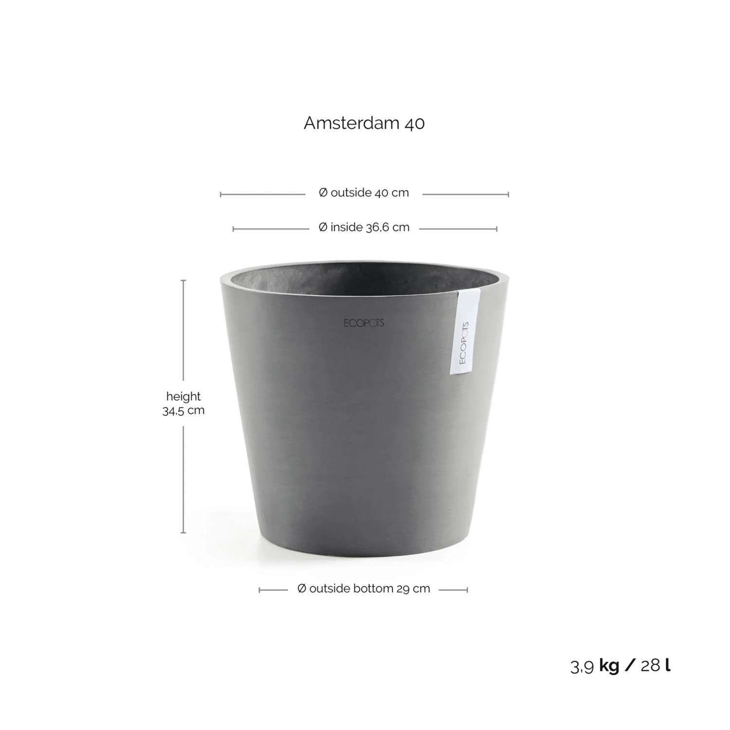 Grauer Ecopots Pflanztopf Amsterdam, Ø 40 cm, ideal für Innen- und Außenbereich.