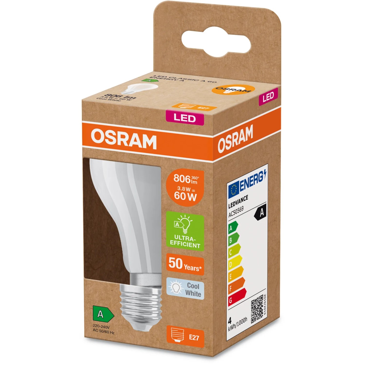 Osram LED-Lampe E27, 3,8W, 806lm, Glühlampenform, kaltweiß, in Verpackung.
