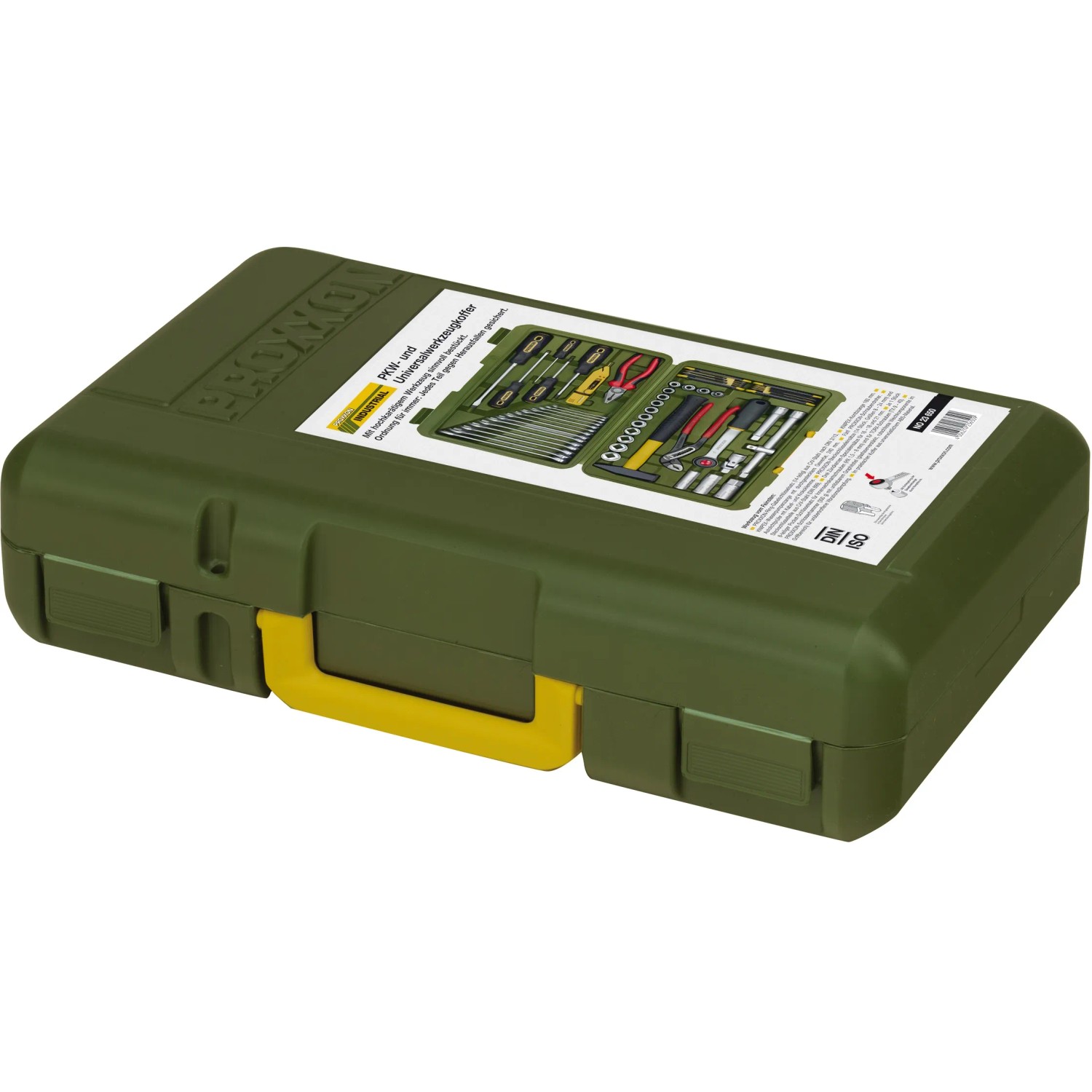 Proxxon Werkzeugkoffer, 47-teilig, grün, mit gelbem Griff. PKW- und Universalwerkzeug.
