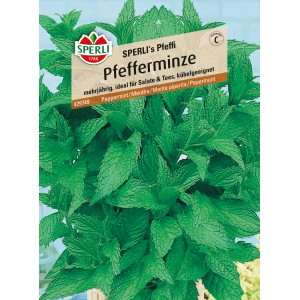 Sperli Pfefferminze 'Sperlis Pfeffi' als Kräutersamen-Packung mit grünen Blättern.
