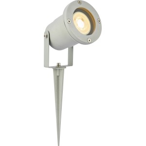 Grauer LED Gartenstrahler mit Erdspieß und GU10 Fassung. Warmweißes Licht (2700K).