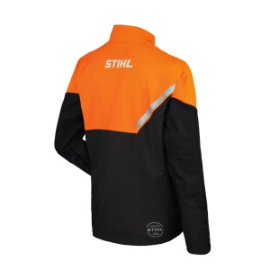 Stihl Jacke Function Core, schwarz-orange, Rückenansicht. Arbeitsjacke mit reflektierenden Streifen und Stihl Logo.